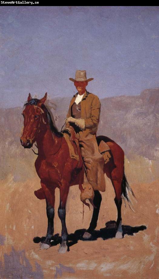 Frederic Remington Mounted Cowboy in Chaps with Bay Horse